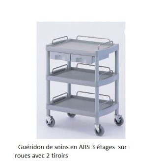 Guéridon de soins en ABS 3 étages sur roues avec 2 tiroirs
